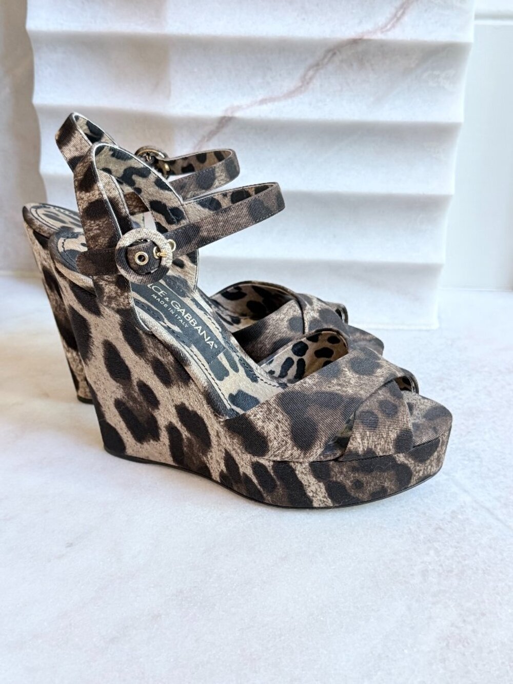 Dolce & Gabbana Leopard Print Canvas Leather Wedge Sandals